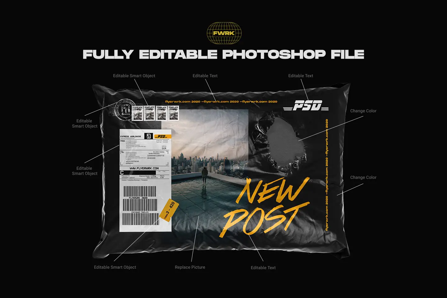 Parcel delivery bag mockups showing editable design elements stamps labels and artwork