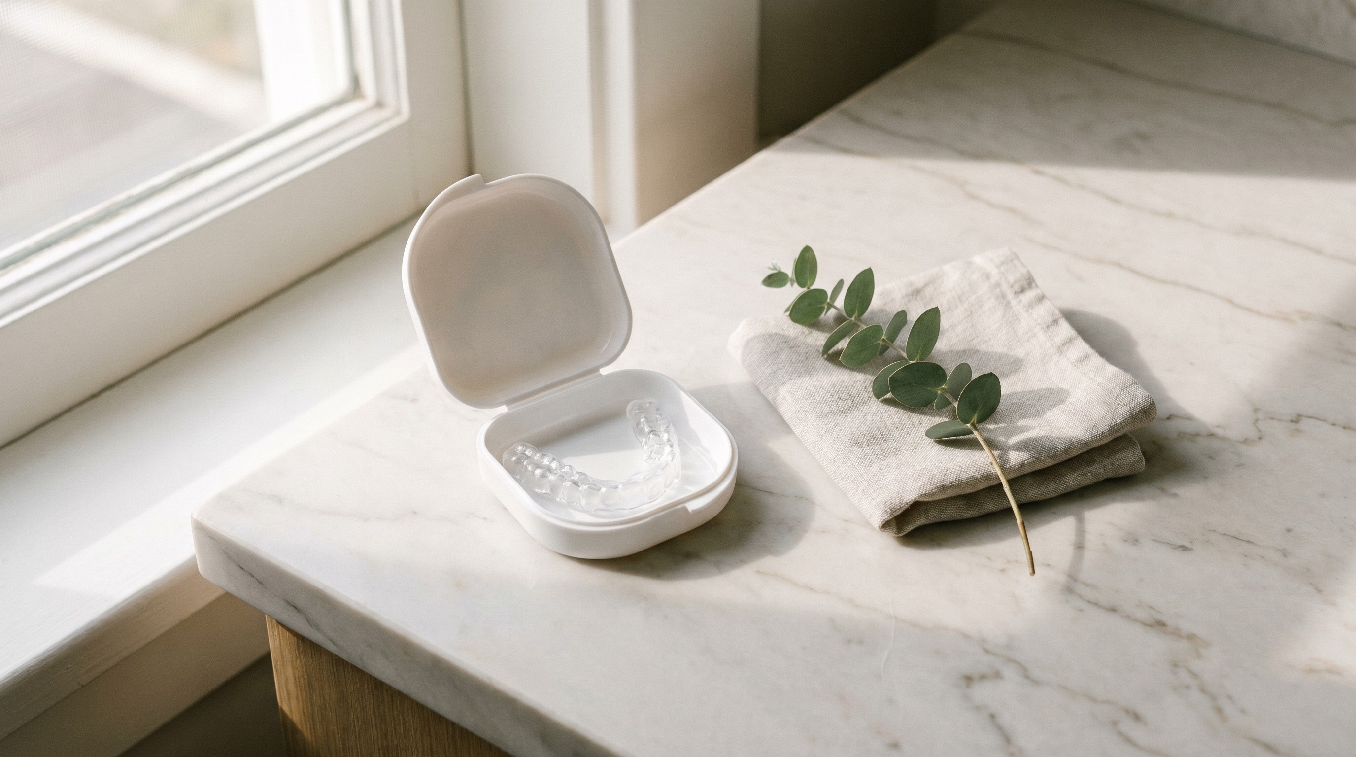 Clear custom dental night guard in its case on a marble counter in soft morning daylight
