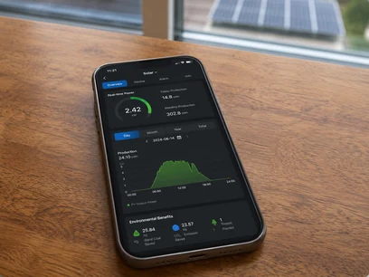 Telefon na kome je prikaz mobilne aplikacije za praćenje rada solarne elektrane.