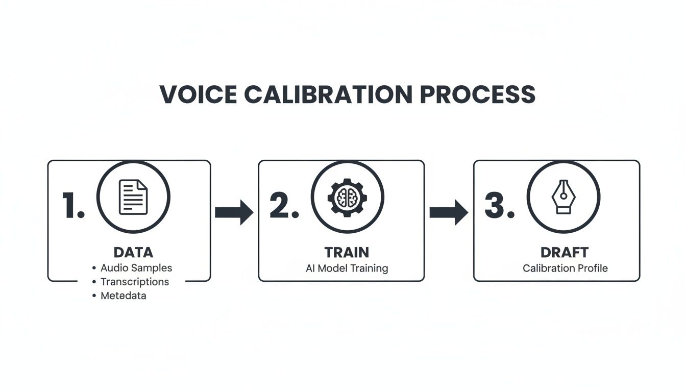 Voice calibration process flowchart showing data collection, AI model training, and calibration profile drafting.
