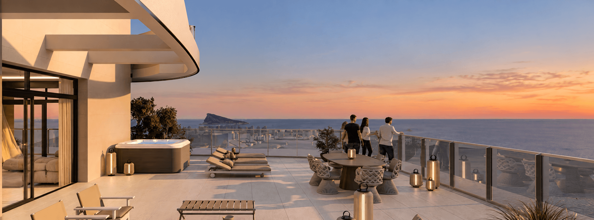 Promoción de obra nueva en la Costa Blanca al atardecer, ideal para comprar en septiembre y octubre
