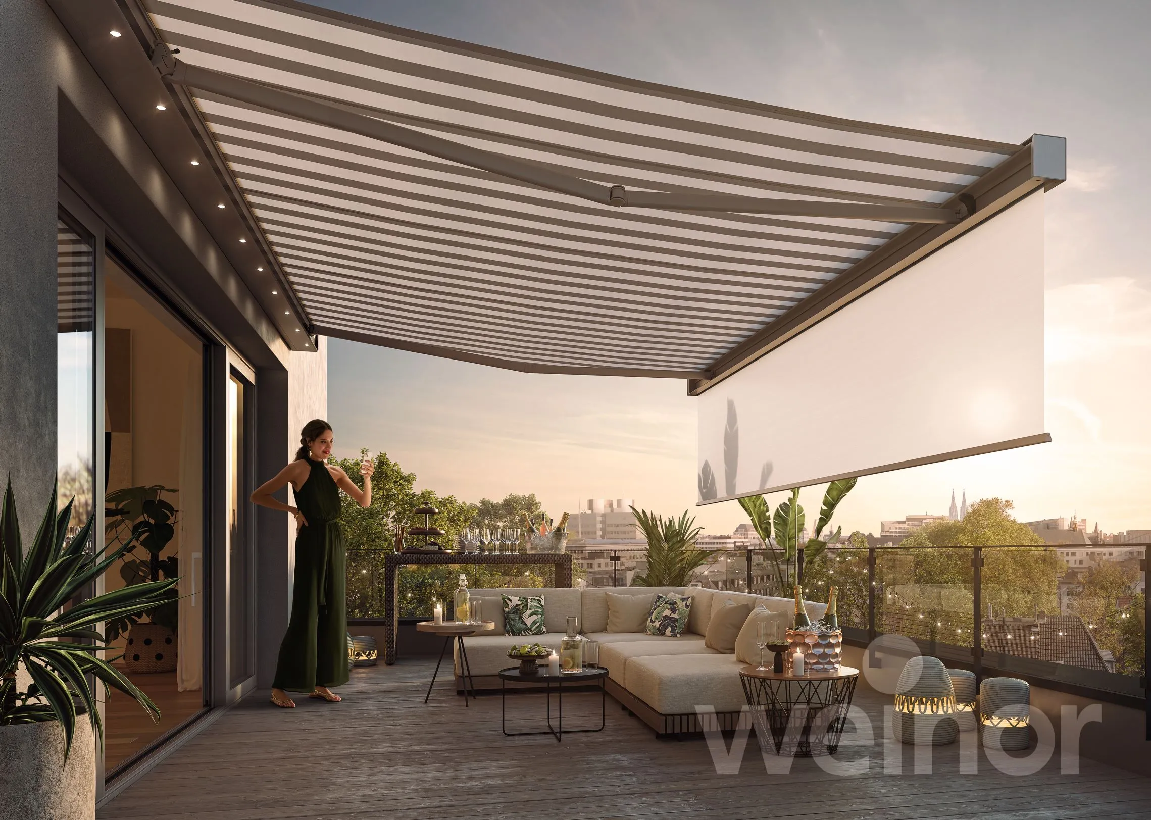 Weinor Markise mit vorderem ausgefahrenen Volant auf einer modernen Terrasse