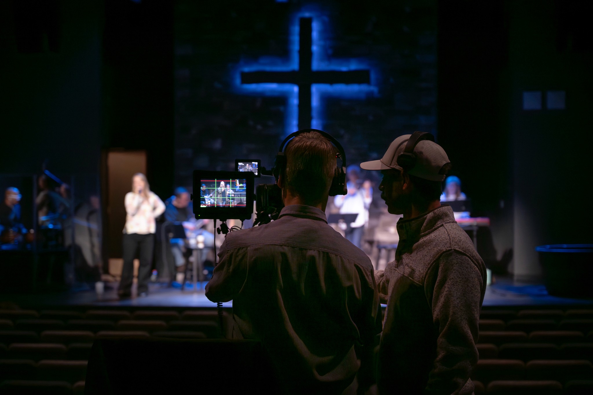 Image of a Worship Stage at a Church with a Large Cross
