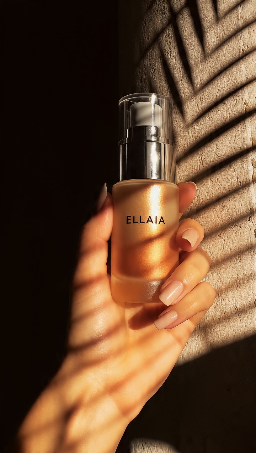 Minimalist product portrait of an ELLAIA glowing rose-gold bottle with pump dispenser, held in a manicured hand; dramatic side lighting highlights the metallic sheen and subtle gradient from peach to gold against a palm-leaf-patterned warm shadow background.