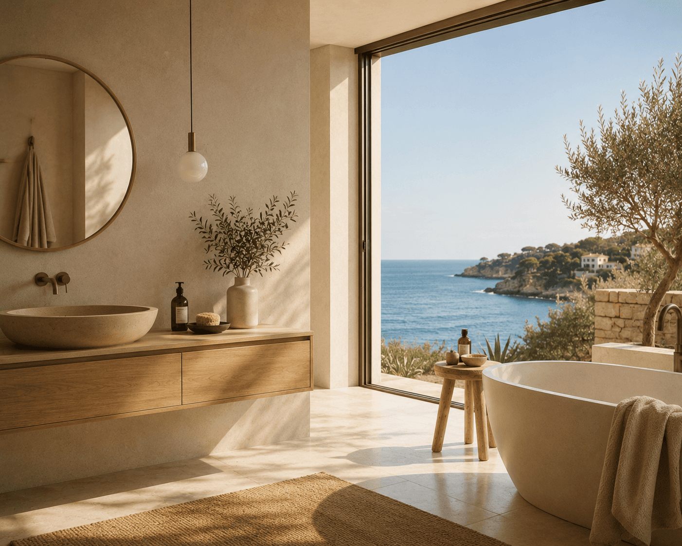Baño con vistas al mar de una villa en la Costa Daurada – ISG Homes, inmobiliaria en Tarragona
