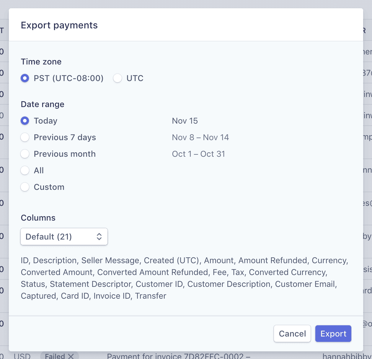 Example Stripe Export for Bumpsale customers