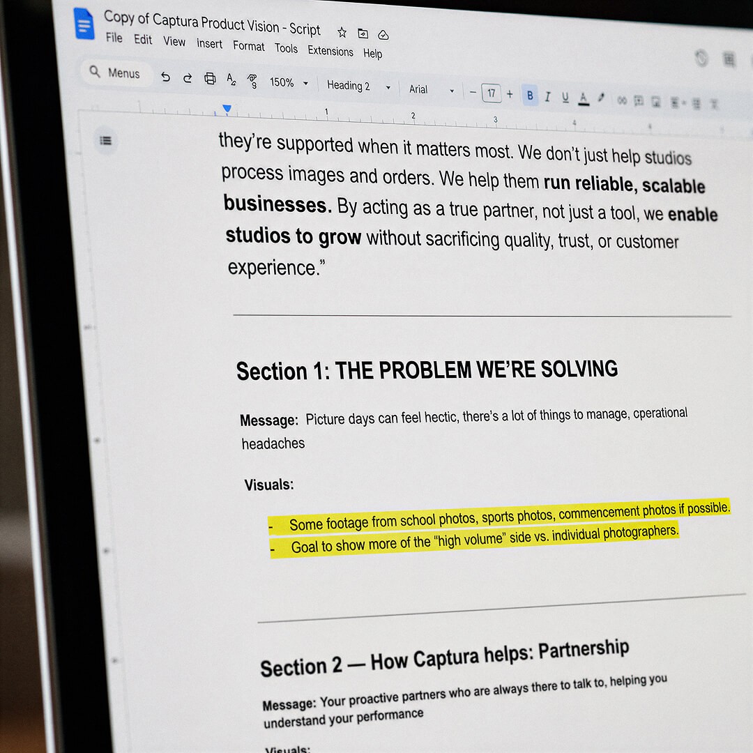 Captura's product vision brief in Google Docs, outlining the problem statement and visual direction for the video production engagement with Methodborne.