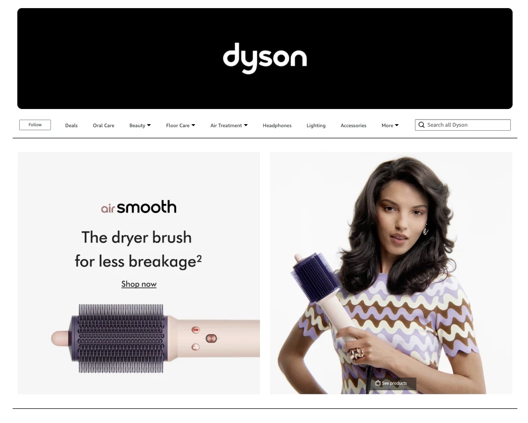 Dyson Amazon Brand Store homepage showing product category navigation and branded imagery