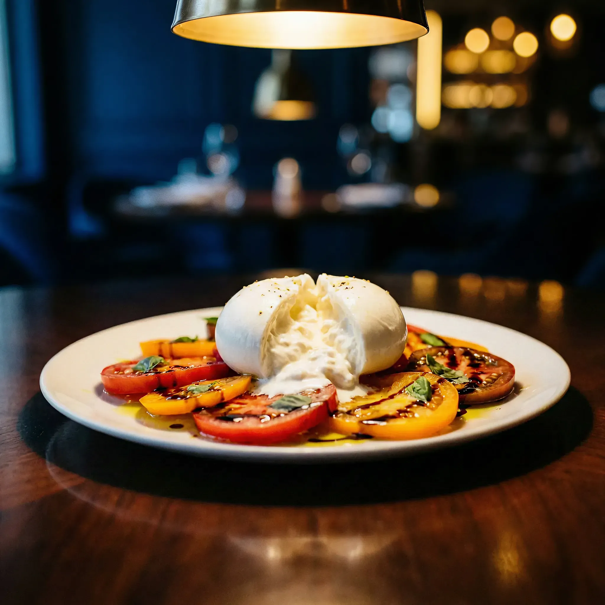 A plate of sliced colorful tomatoes with fresh basil, drizzled with balsamic glaze, and topped with creamy burrata cheese under warm restaurant lighting.
