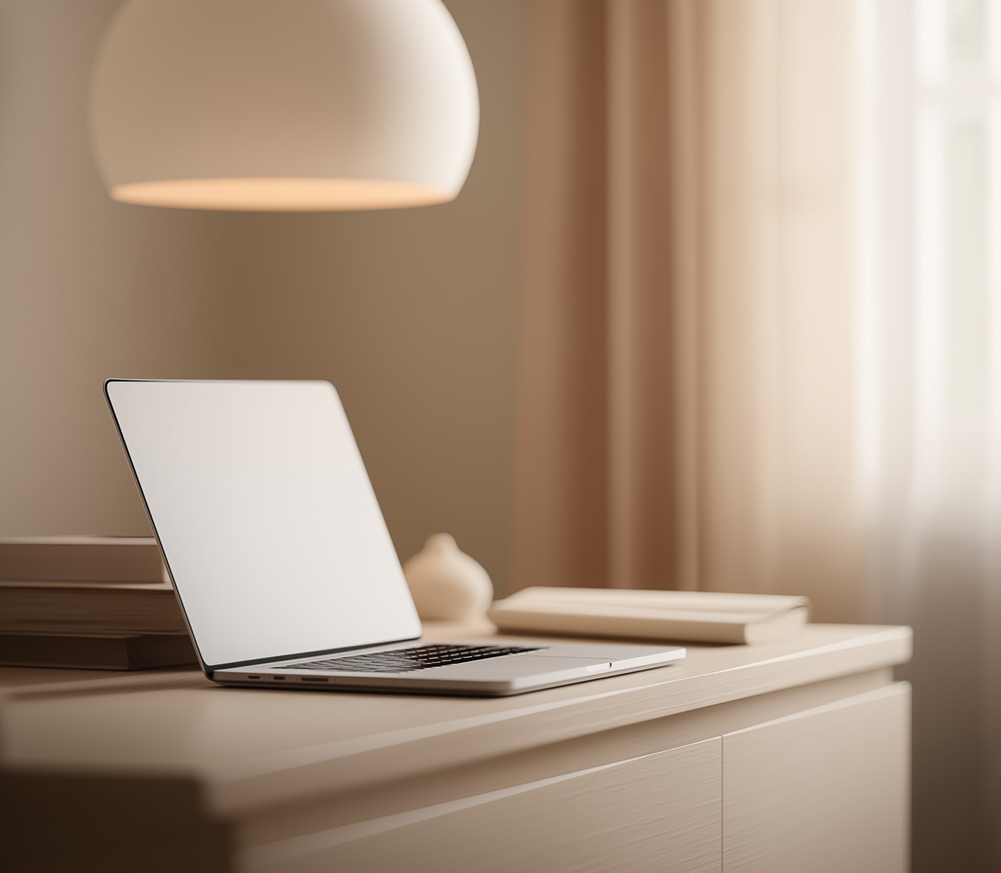 A laptop on a desk in beige tone