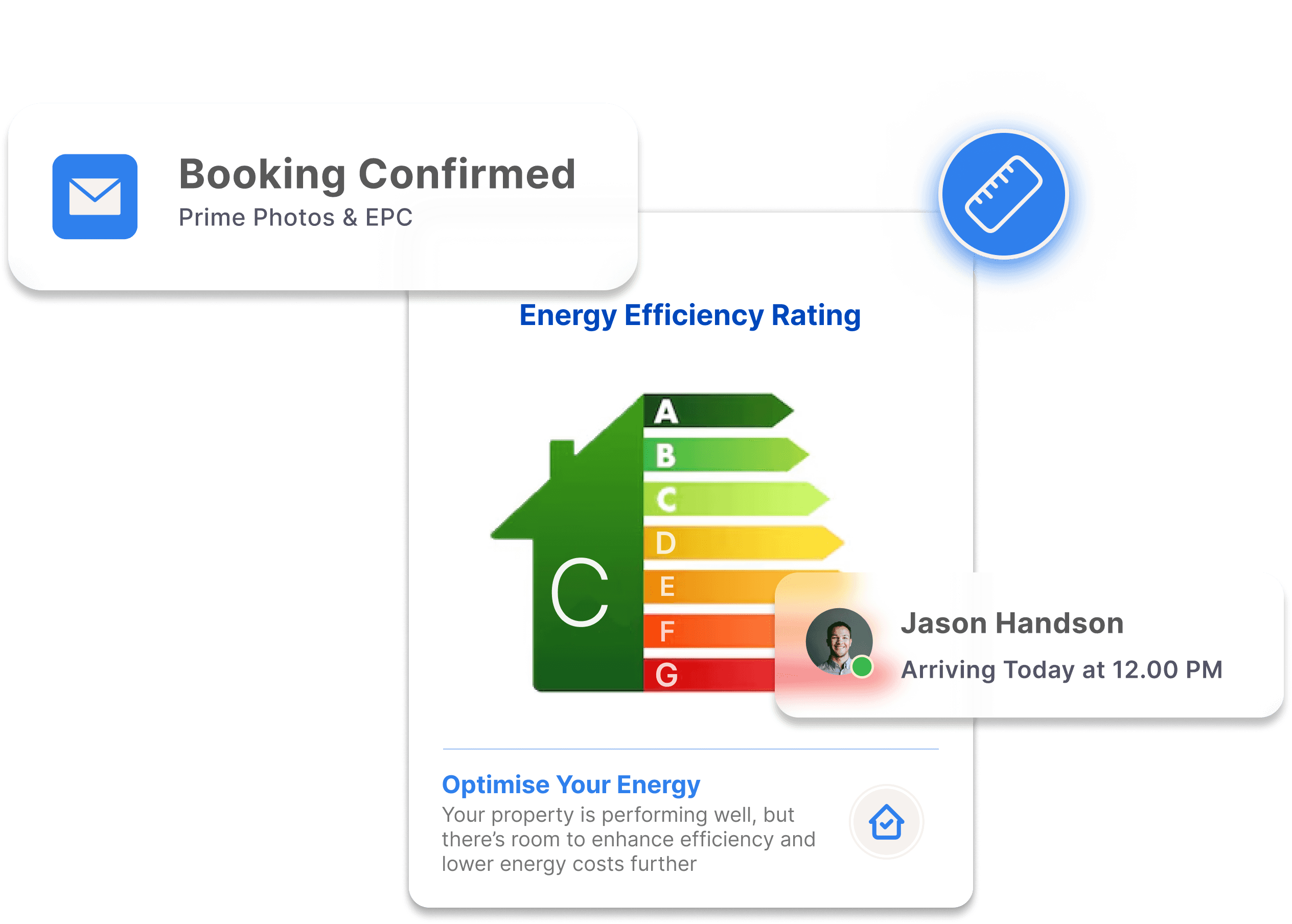 Energy Efficiency Rating graphic with booking confirmation for Prime Photos and EPC service, highlighting property marketing solutions and efficiency optimisation provided by Click Media Group