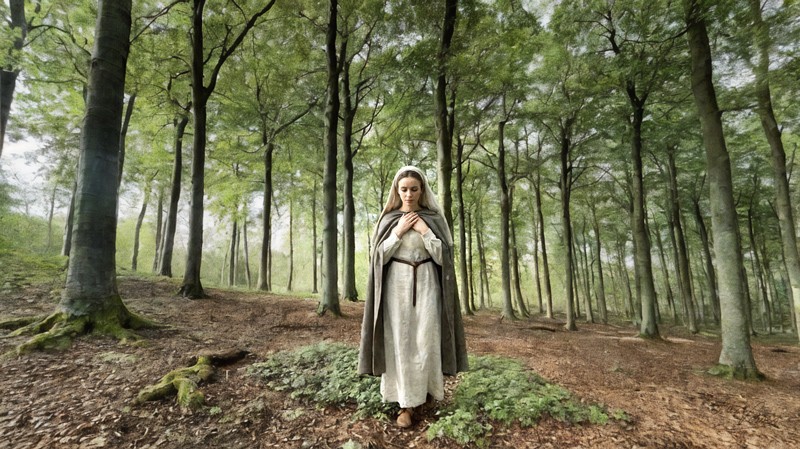 Sacred artwork by Faith and Verse. © Faith and Verse, 2026. All rights reserved. Alena standing in the forest with hands held over her heart, representing the hidden faith preserved in the legend of Saint Alena of Brussels.