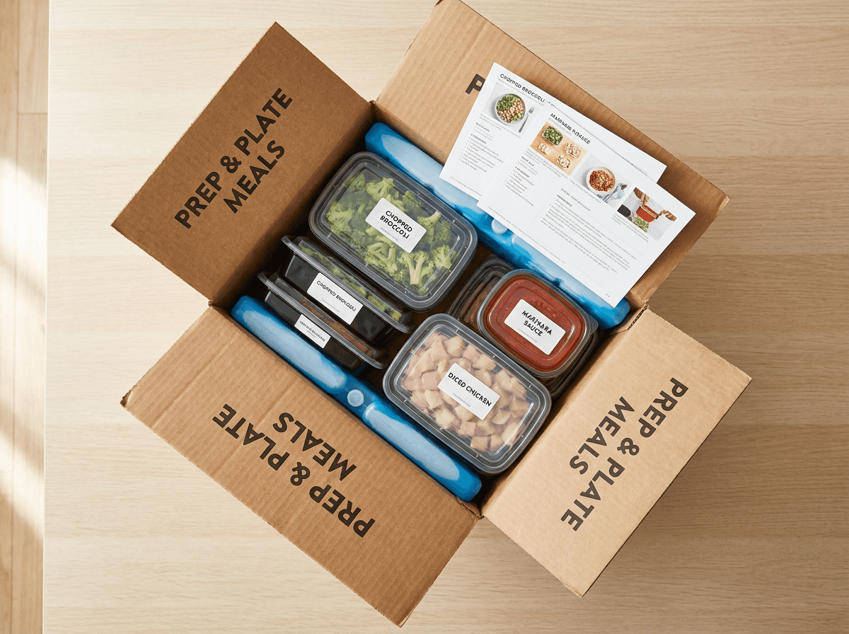 premade meal delivery box with portioned ingredients and recipe cards