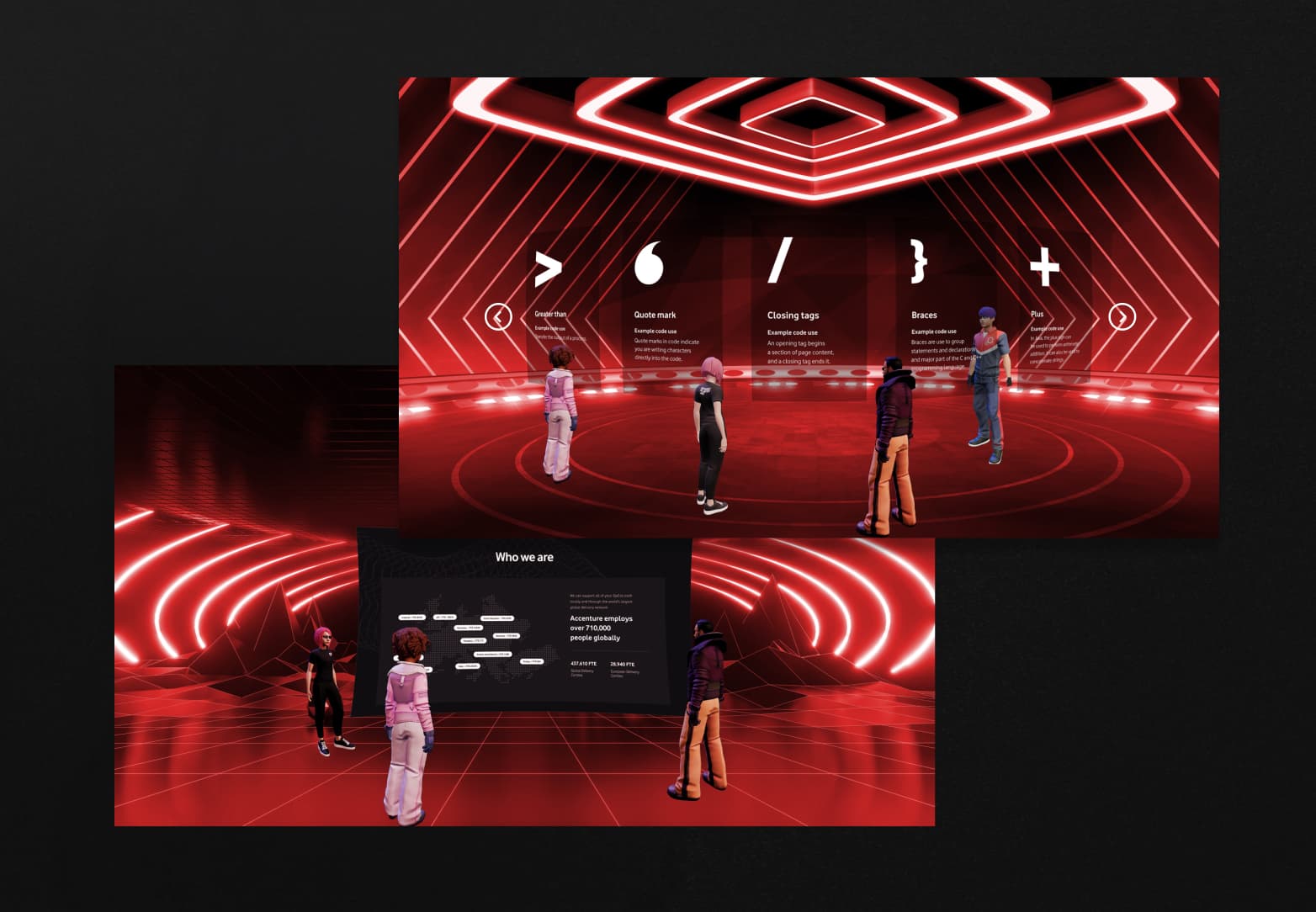 Virtual meeting space displaying the 'Language of Code' identity, featuring avatars on a red grid floor surrounded by floating programming syntax and data visualization panels.