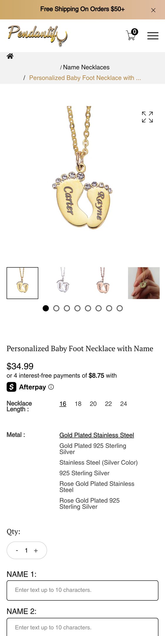 Jewelry product options include: necklace for Personalized Baby Foot Necklace with Name from Pendantify.