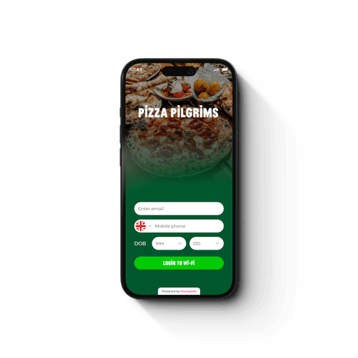 mobile device showing the stamepde captive wifi portal using Pizza Pilgrims as an example