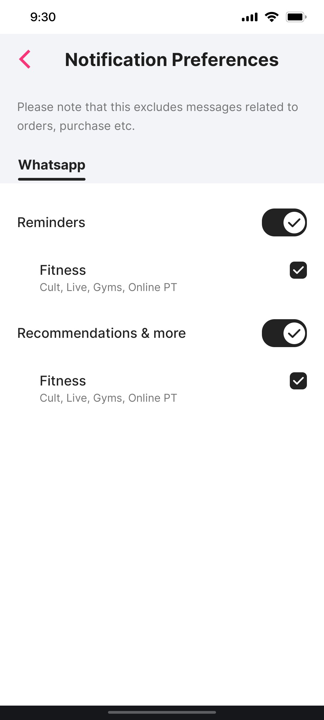 Cult.fit App Notification Preferences Screen