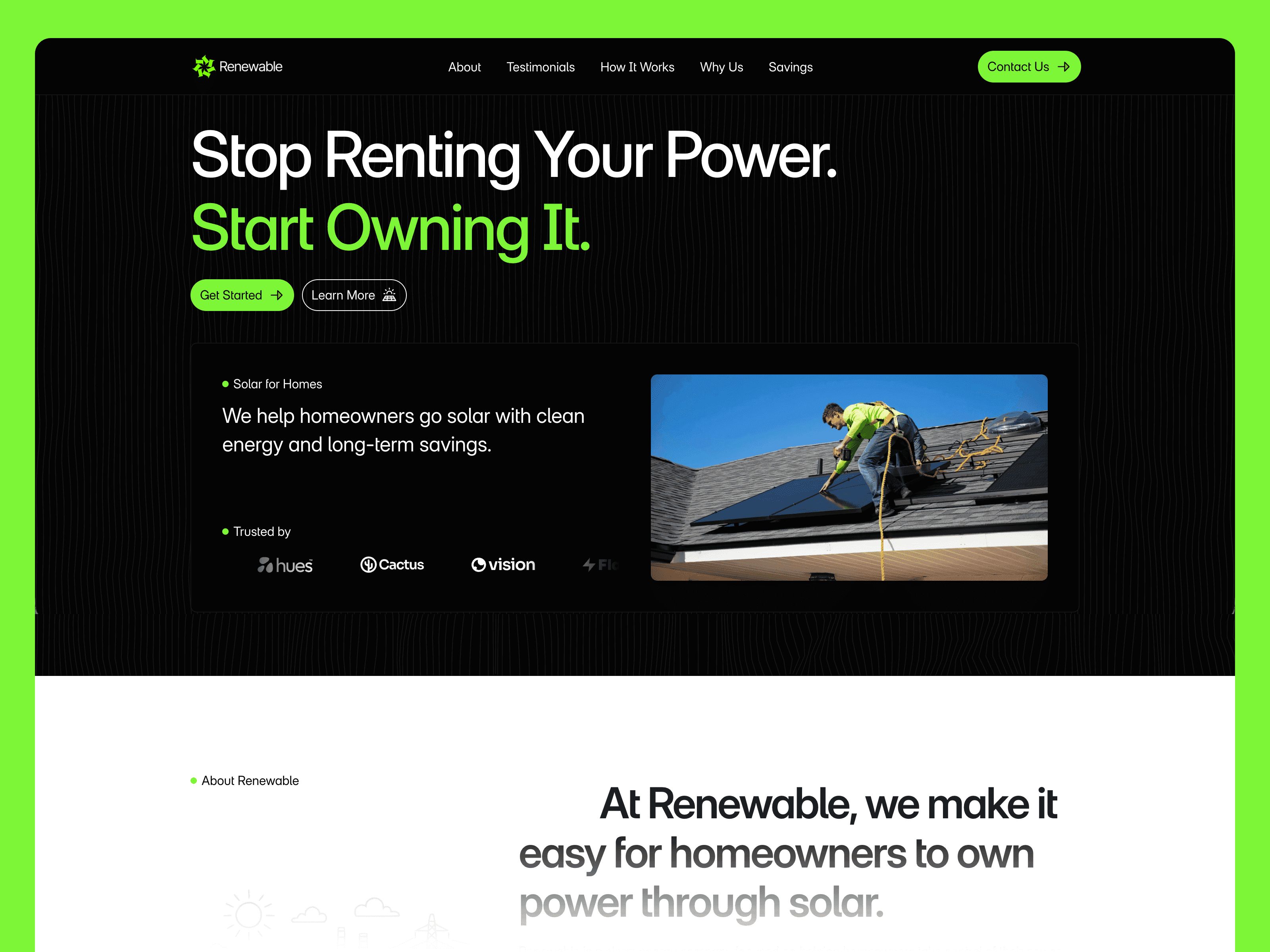 Renewable free solar power and green energy company Framer template