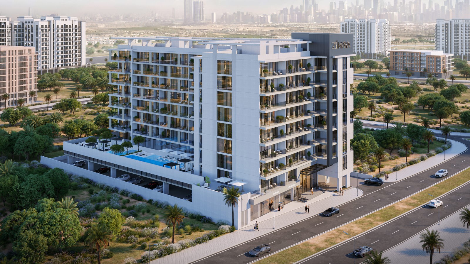 Concept art of Belle Vie by Zimaya, a luxury hotel in Miami, featuring sleek lines and a sophisticated aesthetic.
