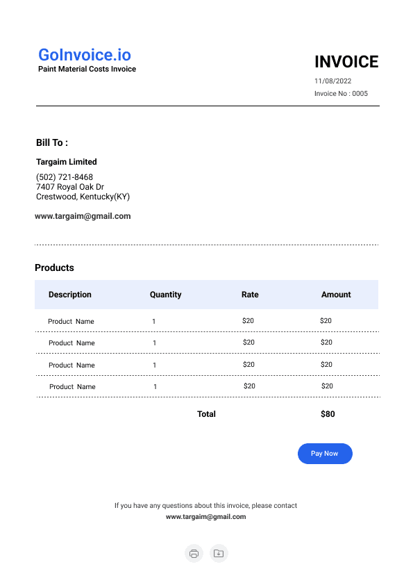 Paint Material Costs Invoice