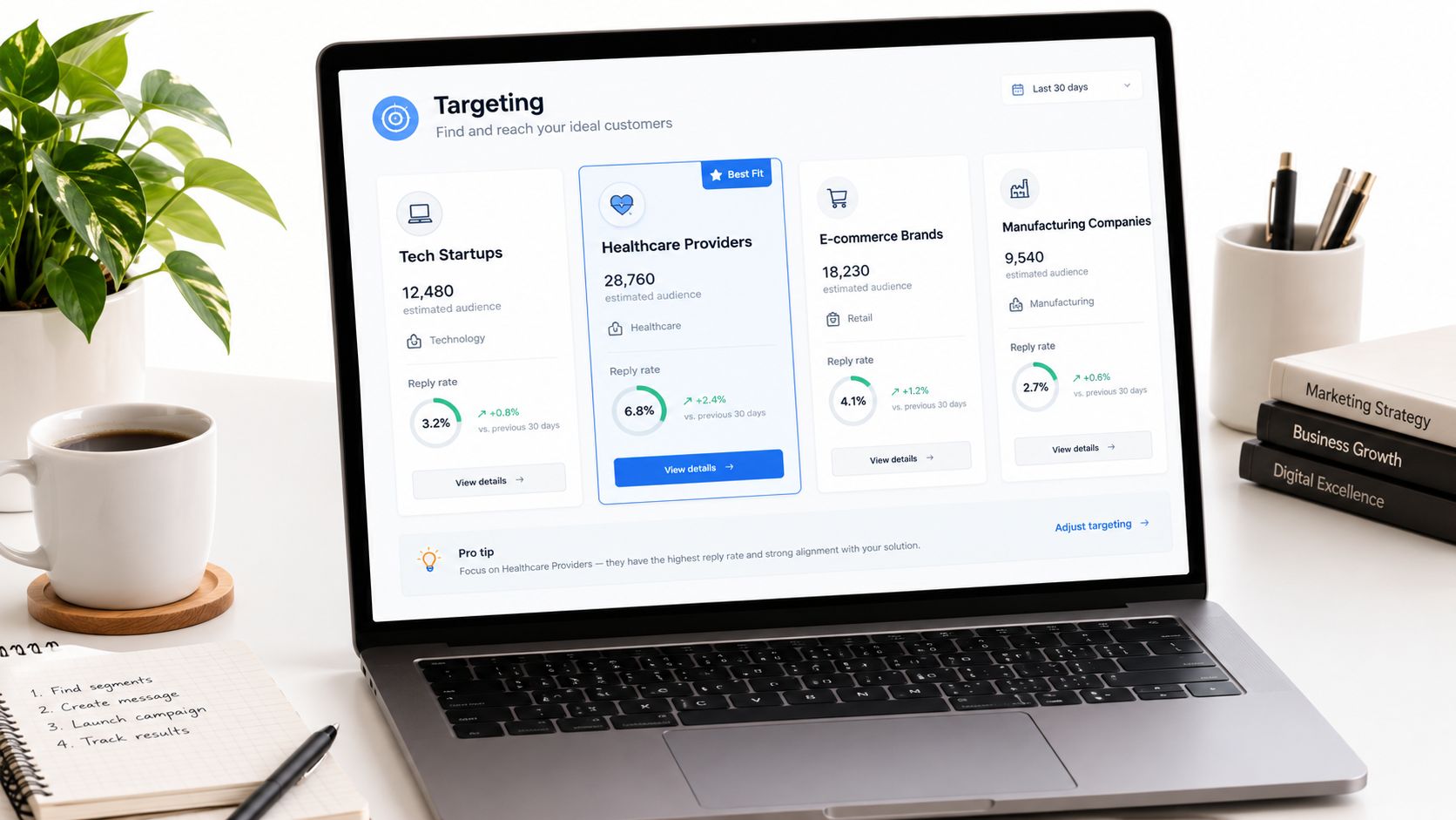 A modern laptop on a white desk displaying a B2B marketing targeting dashboard with audience segments.