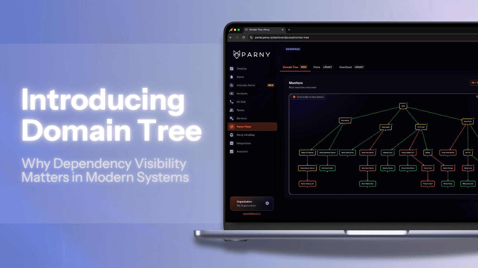 See the full impact of an outage instantly with Domain Tree.  Real-time dependency mapping that reveals the true root cause.