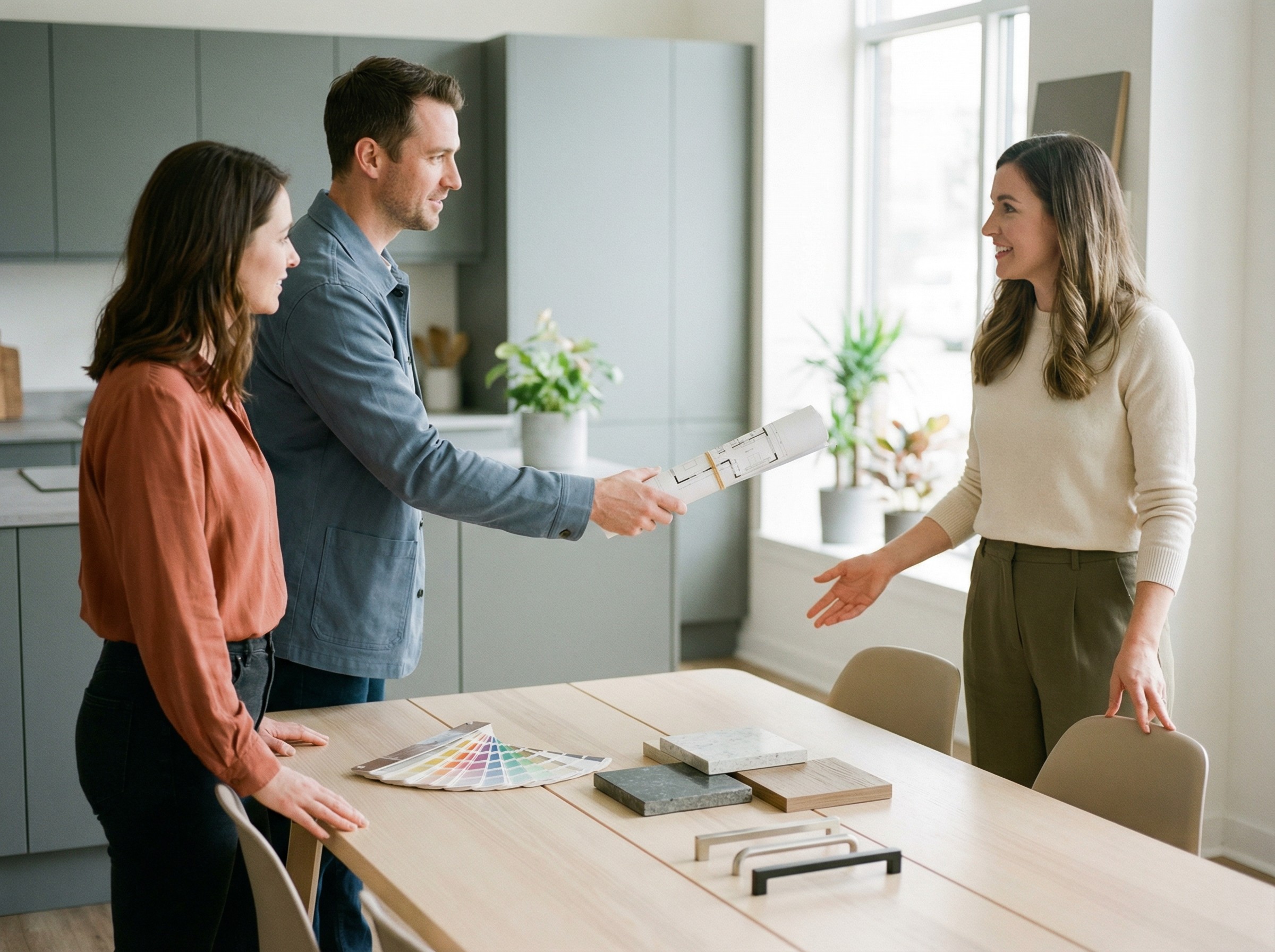Ein Paar übergibt einer Beraterin einen aufgerollten Grundriss, während sie an einem hellen Beratungstisch Platz nehmen. Farbfächer und Muster liegen bereit. Die Beraterin lächelt und deutet auf den Sitzplatz. Alles ist vorbereitet für ein fokussiertes Gespräch.