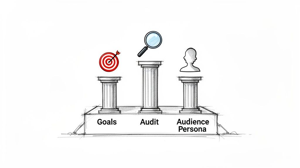 Three pillars with icons representing Goals, Audit, and Audience Persona, essential for strategic planning.