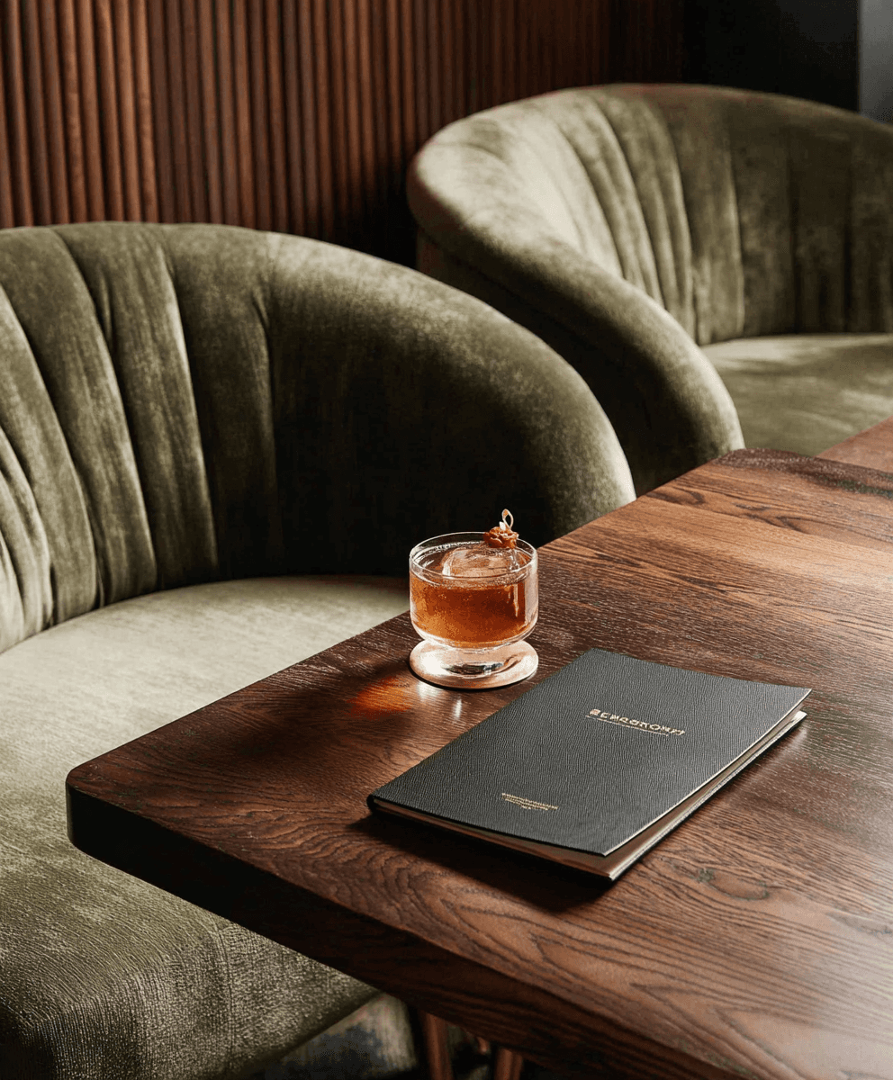 Elegant wooden dining table set for a meal.