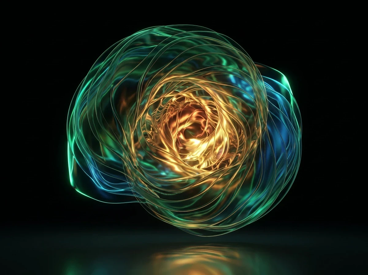Abstract swirling sphere of green and gold translucent ribbons on a black background