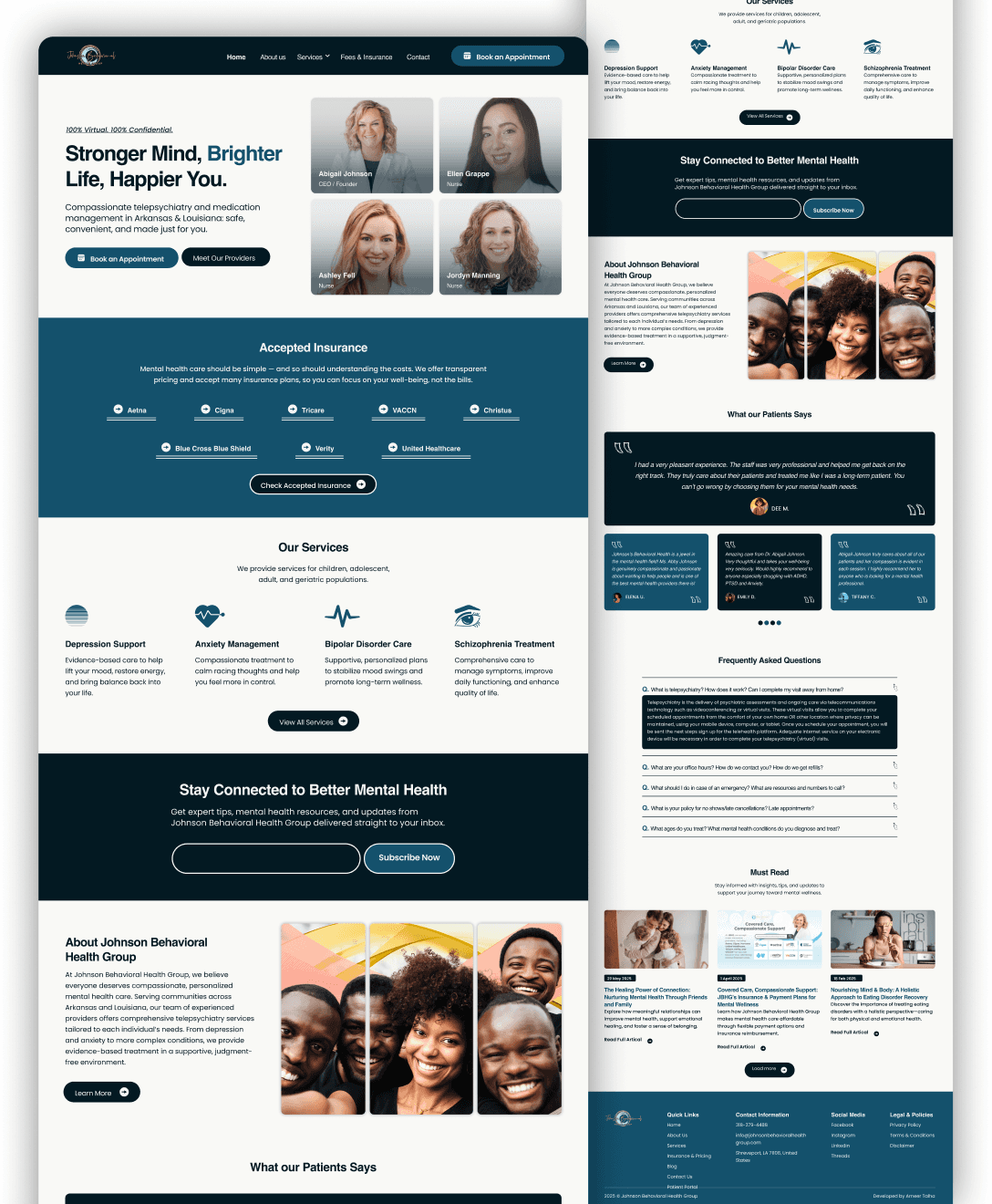 A mental health services website homepage featuring group photos of diverse individuals smiling, service listings, accepted insurance information, and positive testimonials, designed with a blue and white color scheme.