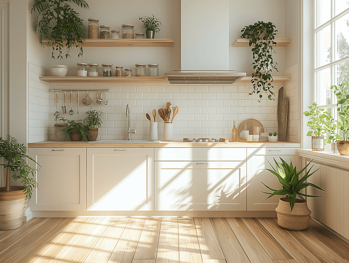 Sunlit kitchen with wood shelving and potted plants