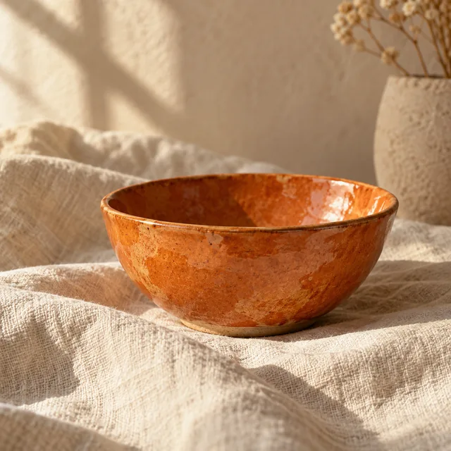 Orange ceramic bowl on a linen cloth