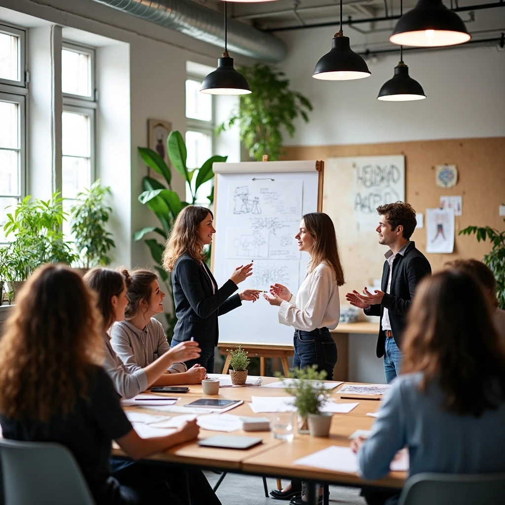 Une scène animée d’atelier : plusieurs personnes debout discutent autour d’un paperboard vierge dans un espace clair.