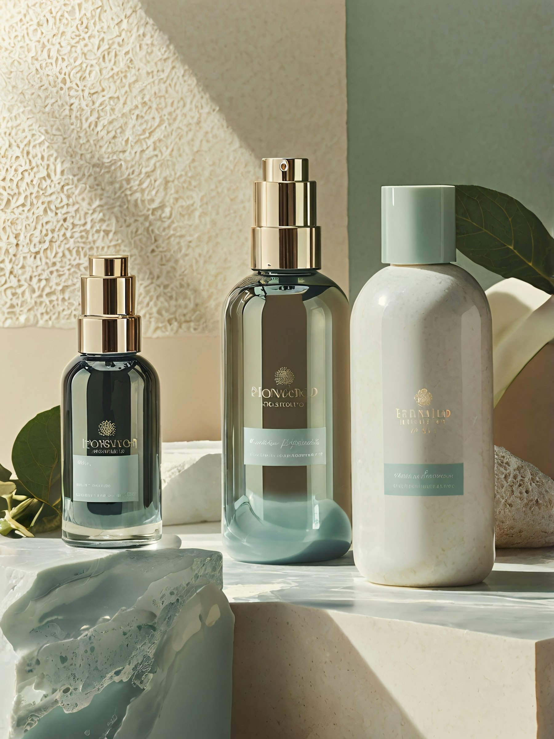 Luxurious cosmetic bottles on marble with gold accents and natural lighting, creating an elegant and sophisticated scene.