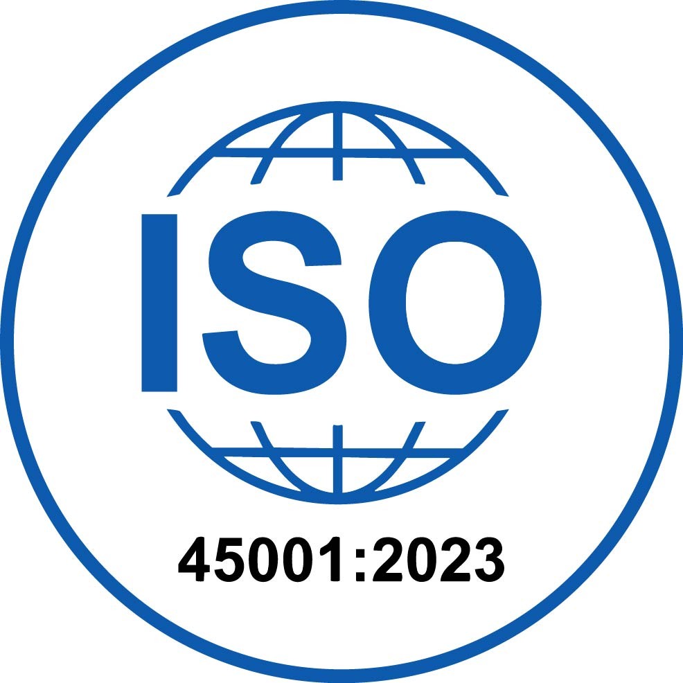ISO 45001:2018 Certified Company badge in blue and white, representing compliance with international occupational health and safety management standards.
