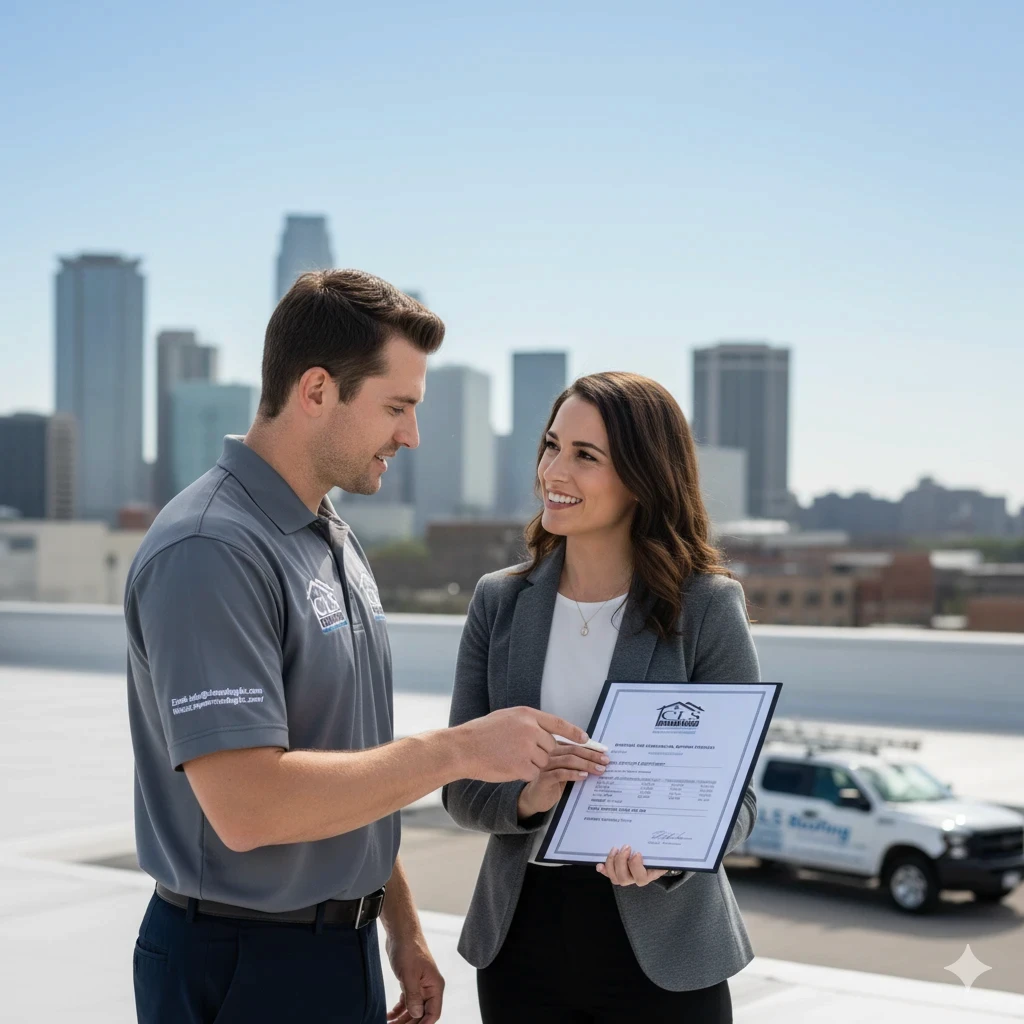 A project manager conducting a final inspection with a property manager, reviewing warranty documents