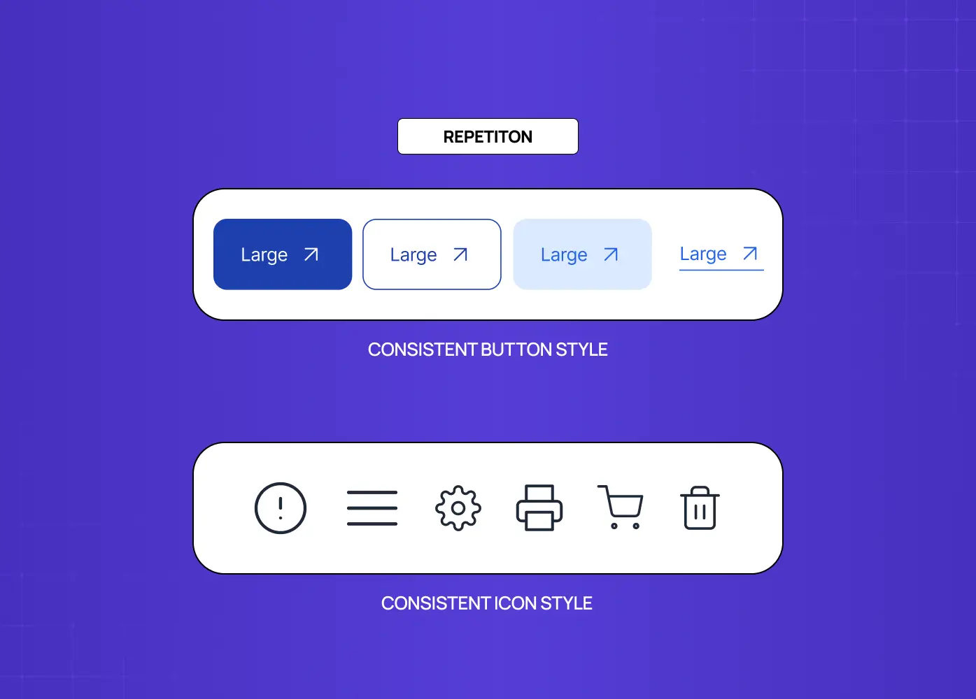 Examples of consistent button and icon styles that reinforce familiarity and create a unified user interface. 