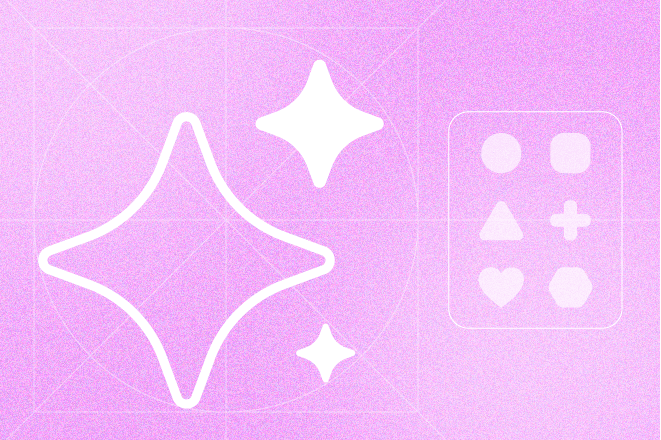 A large four-pointed star over a line grid with two other smaller stars next to it. To the right is a lockup of 6 smaller icons inside a rectangle.