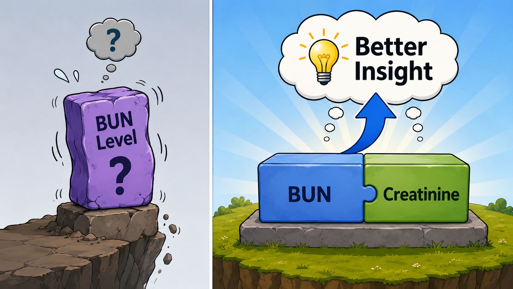 A diagram comparing isolated BUN levels to the enhanced clinical insight gained by combining BUN and Creatinine tests.