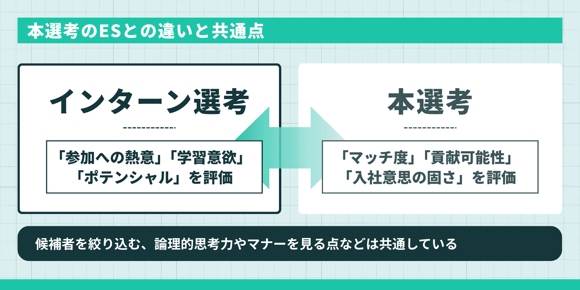 インターン選考と本選考の比較図。インターンは「参加への熱意」「学習意欲」「ポテンシャル」を重視し、本選考は「マッチ度」「貢献可能性」「入社意思の固さ」を評価する。共通点として、候補者の絞り込み、論理的思考力やマナーの確認が挙げられています。