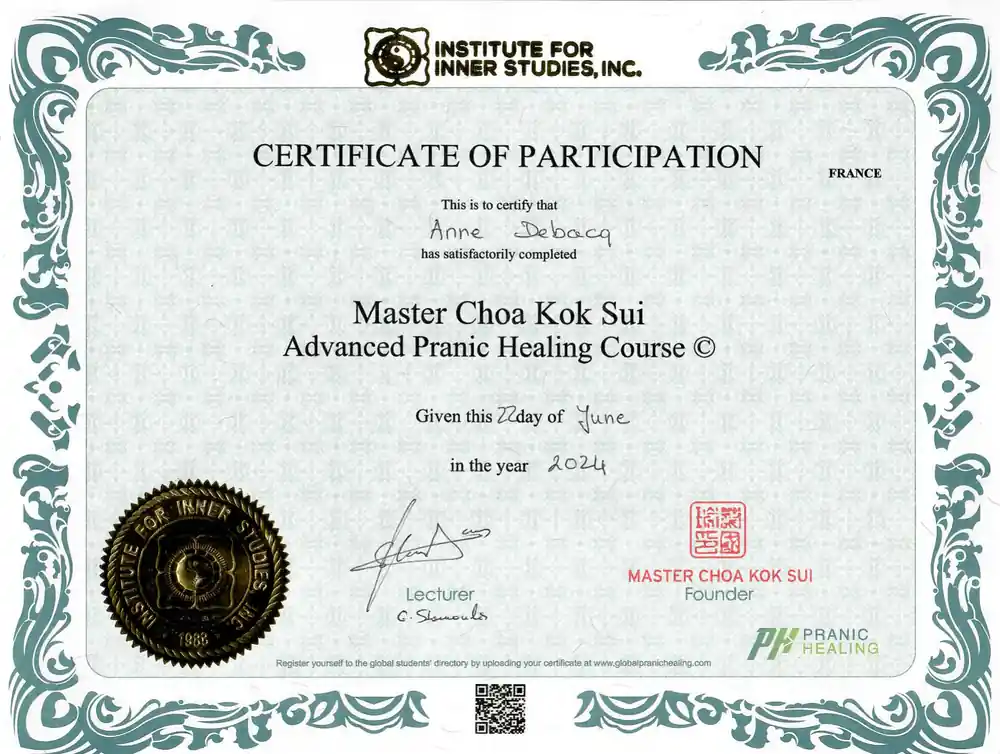 Certificat Advanced Pranic Healing d'Anne Debacq, Institute for Inner Studies, juin 2024