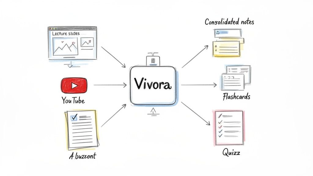 Diagram: Vivora converts lecture slides, YouTube, and documents into consolidated notes, flashcards, and quizzes.