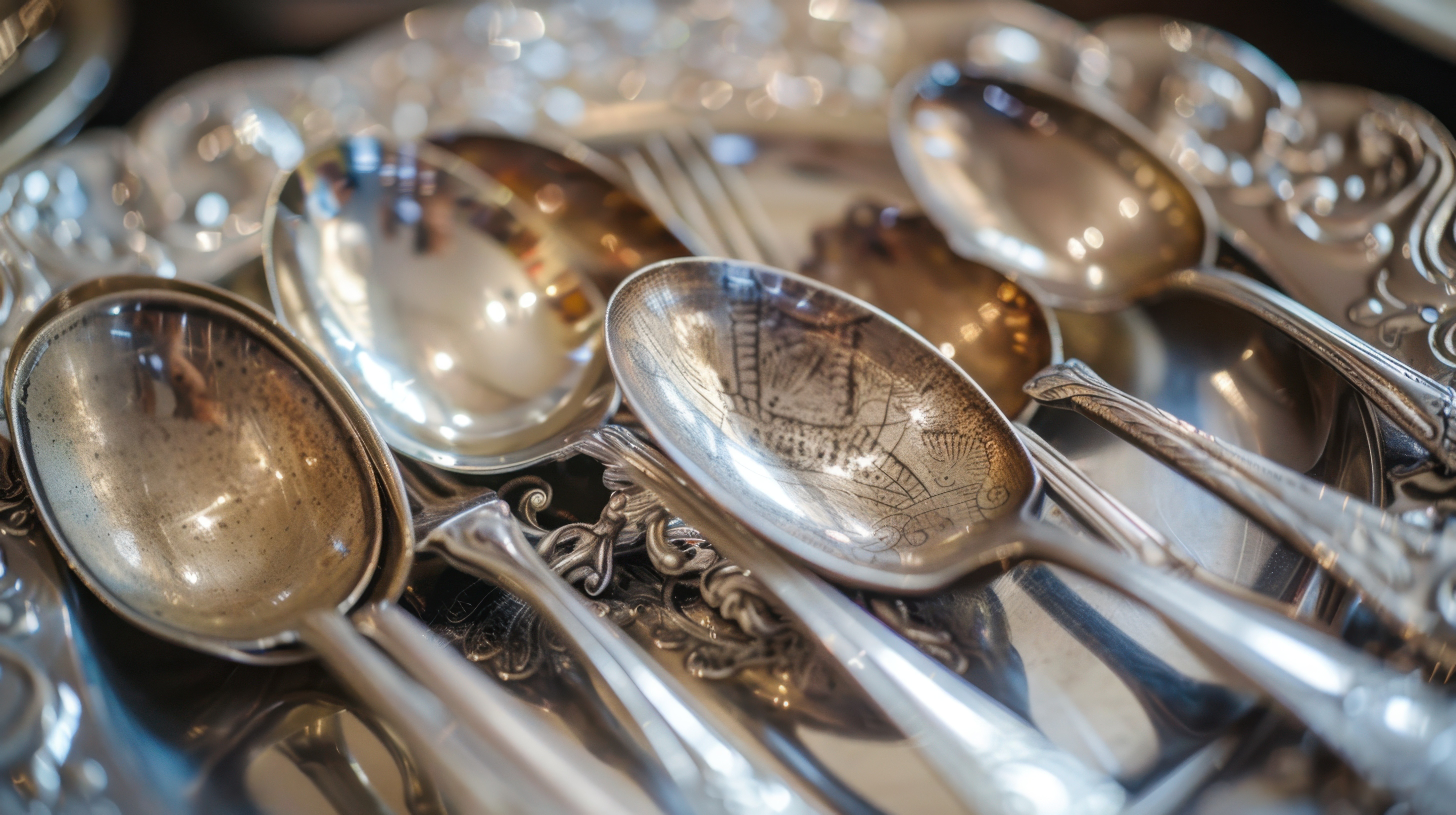 Sterling silver flatware and hollowware representing bulk silver refining capabilities.
