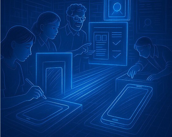 Team of professionals collaborating on digital interfaces in a blue-toned environment, reviewing documents and designs on tablets and screens