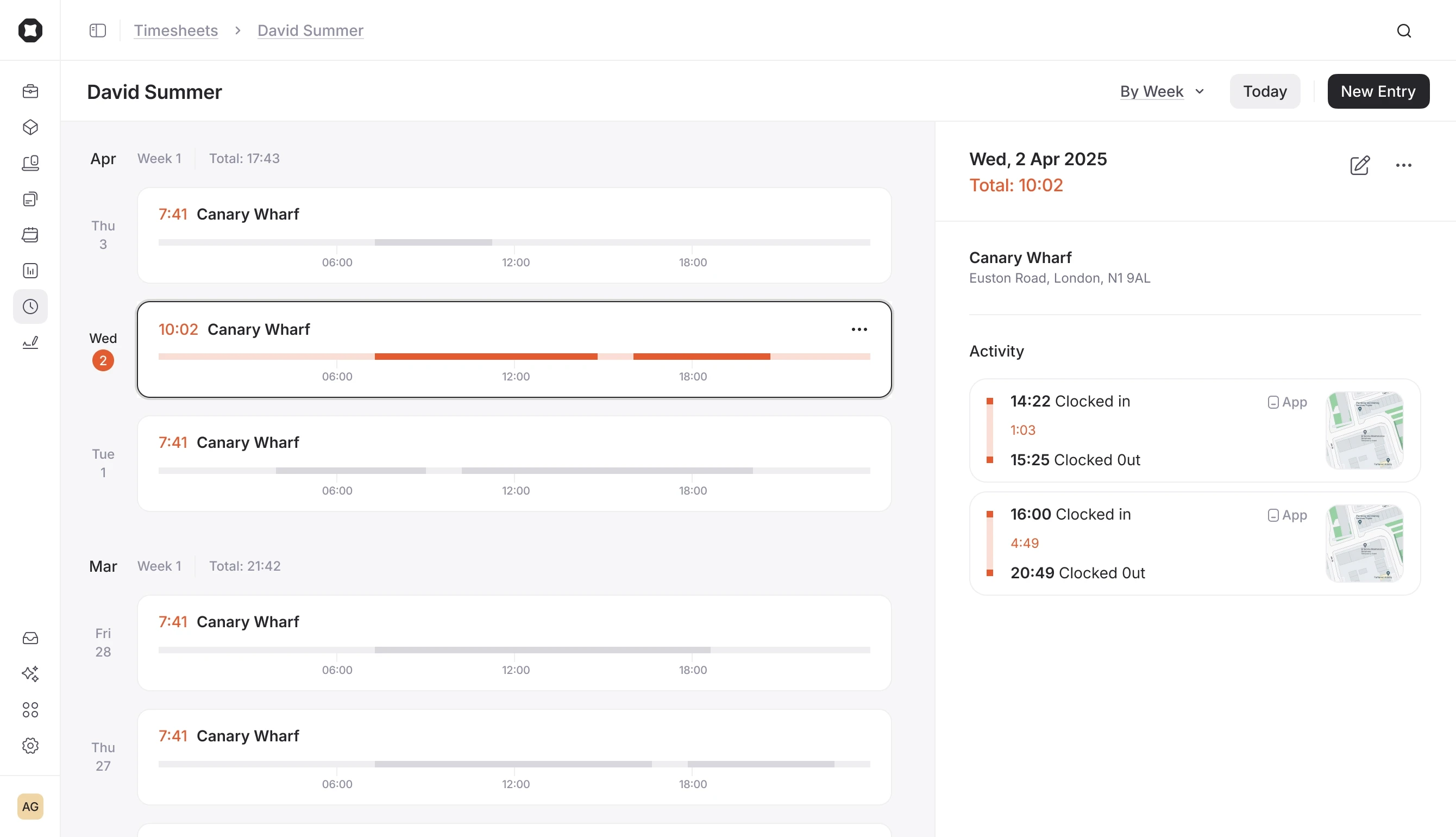 The Timesheets tab in Onetrace showing daily clock-in and out for an operative. One day is highlighted with details and maps.