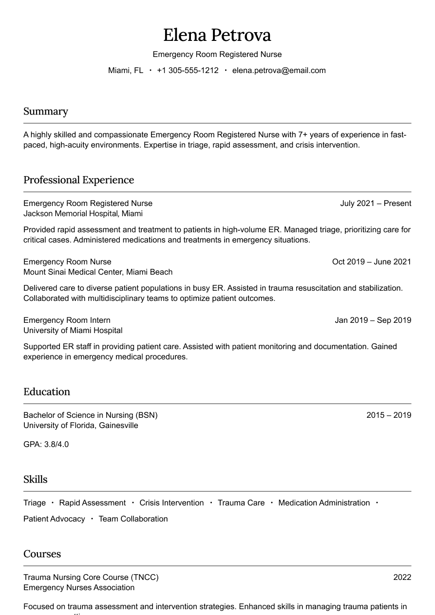 Emergency room registered nurse resume example