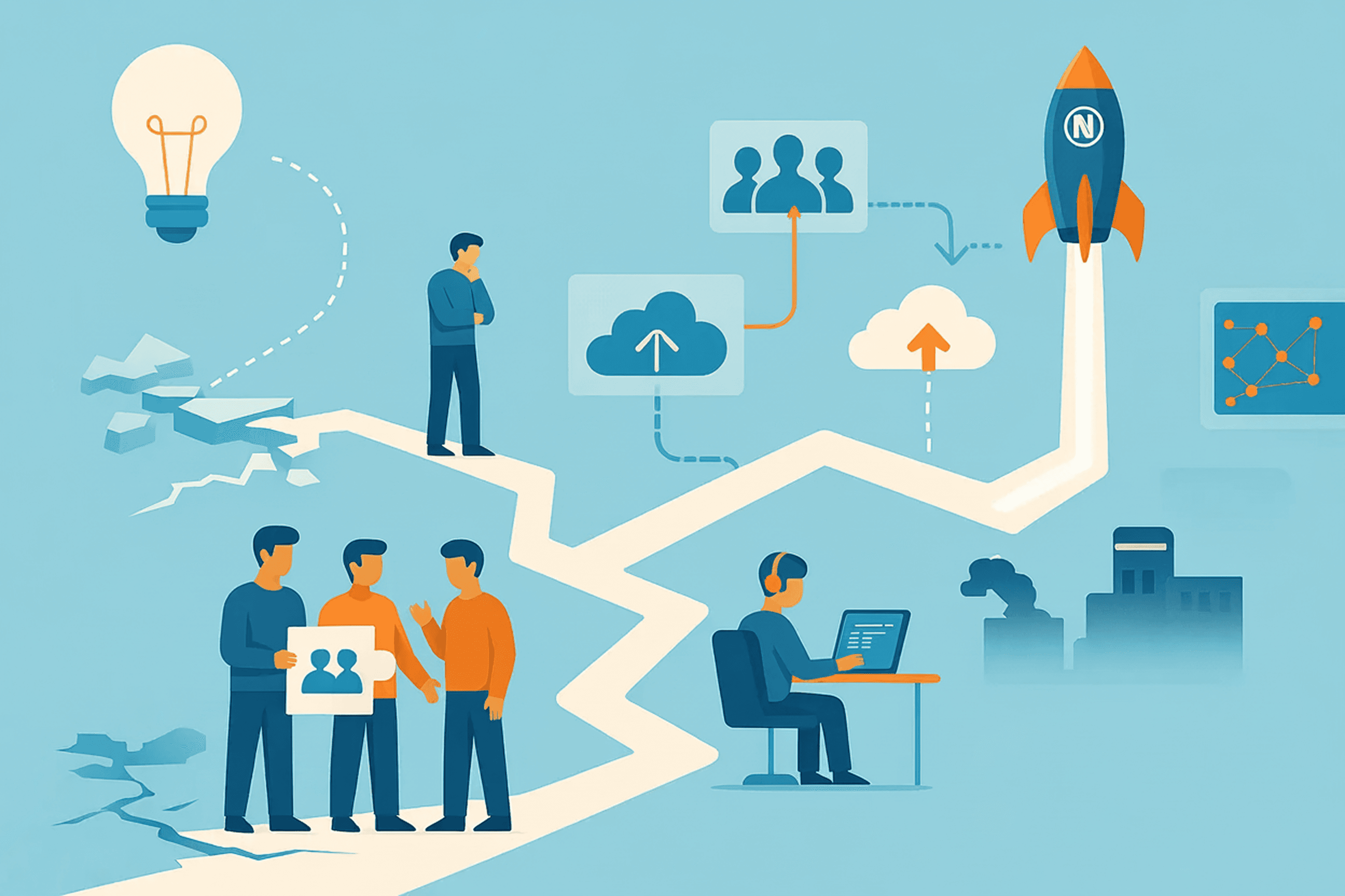 Startup journey illustration showing broken paths, teamwork, development, cloud growth, and a rocket launching toward success.