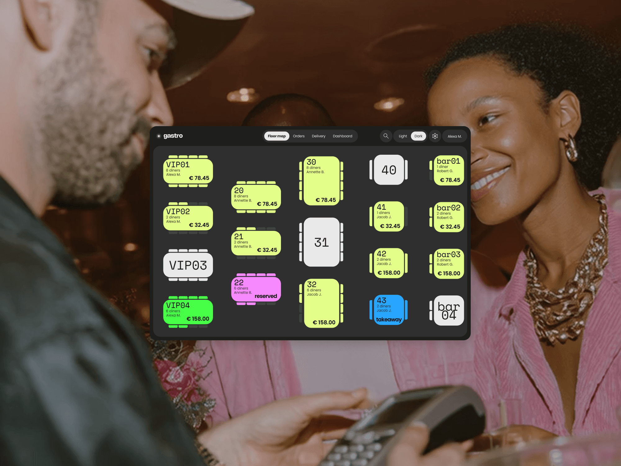 A restaurant point of sale screen showing floor map screen on top of a picture of people smiling while using payment terminal to finilize the order.