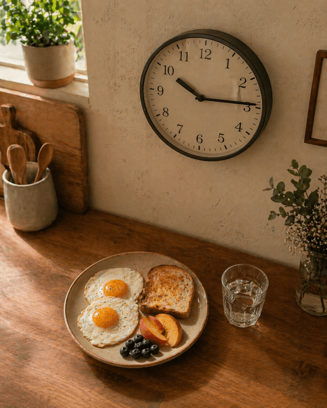 Kitchen clock and untouched breakfast — the timing-based approach of intermittent fasting